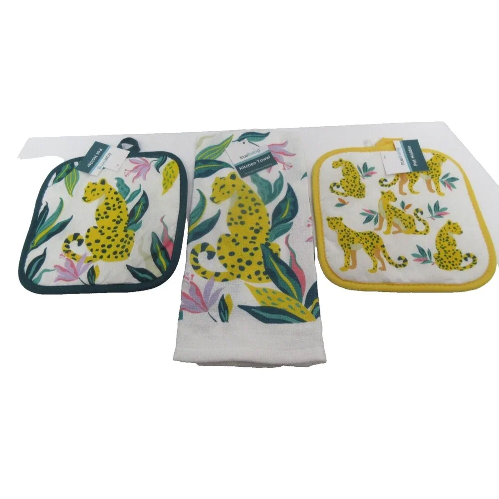 Tropical Kitchen Towels 2Pot Holder 3Pc Set Teal Yellow Jungle Big Cat NWT